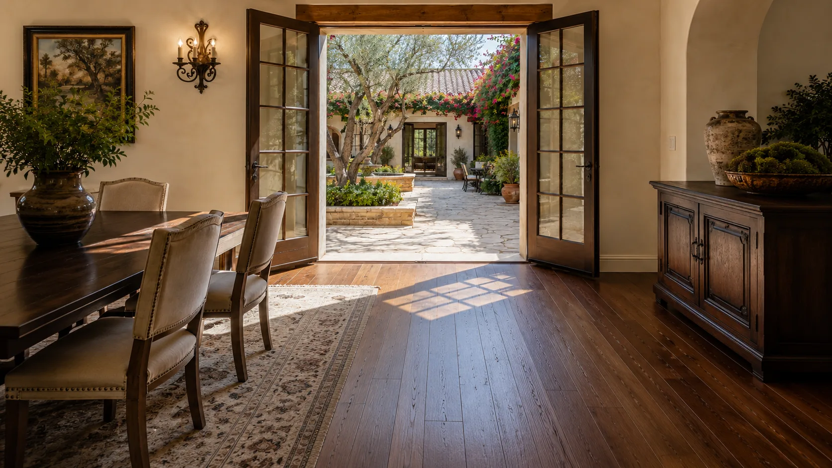 Classic French doors open to Mediterranean courtyard with olive trees and bougainvillea in Orange County home