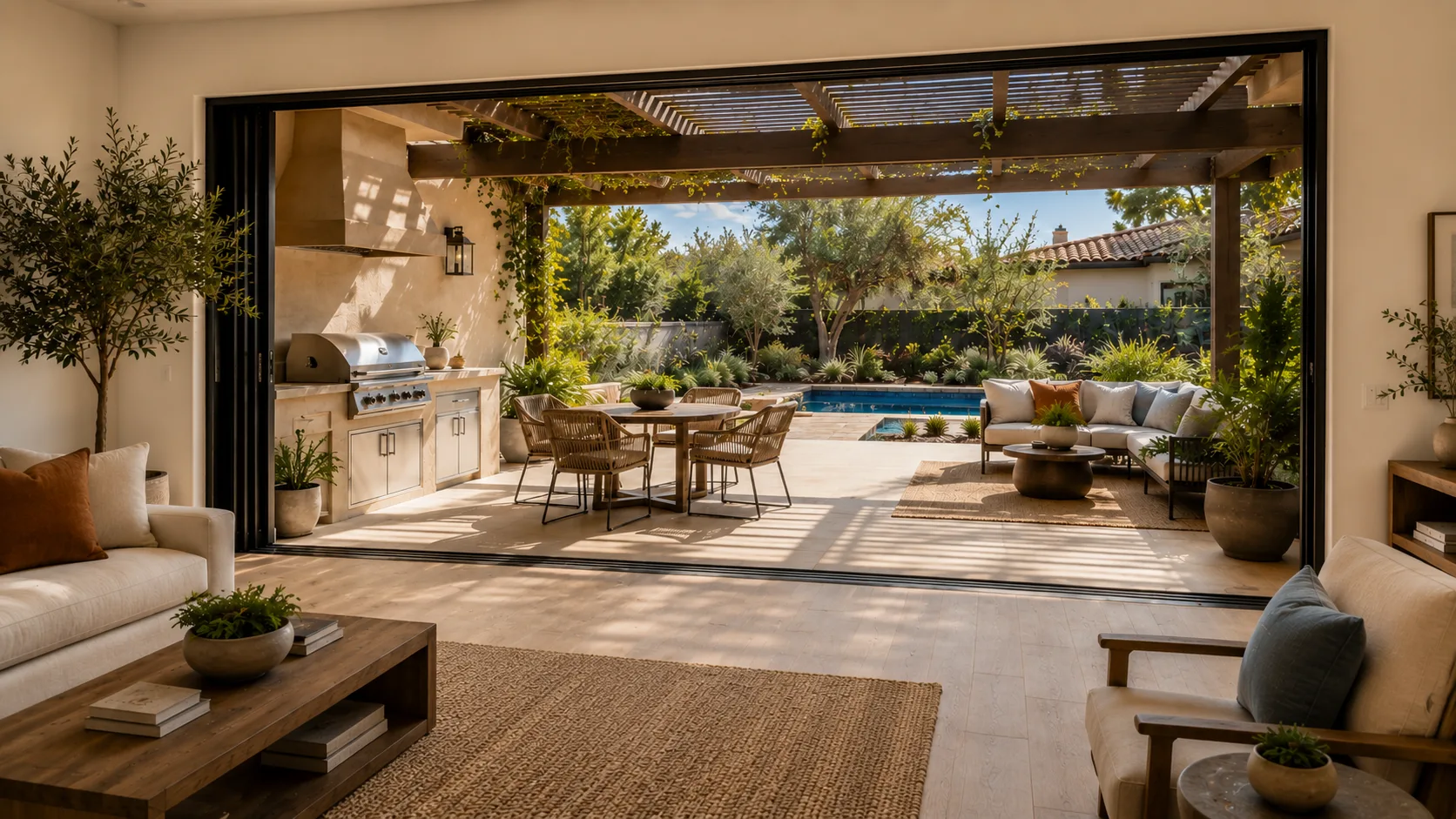 Patio doors open to outdoor living space with pergola, built-in barbecue, and pool in Southern California home