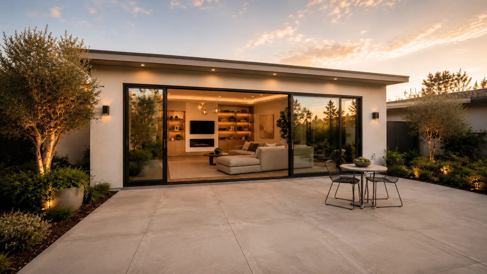 Modern floor-to-ceiling sliding glass doors viewed from patio looking into contemporary living room at sunset