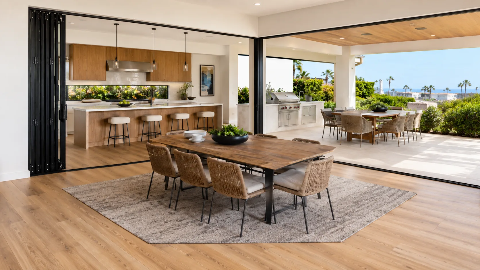 Bi-fold door panels folded open connecting kitchen and dining area to outdoor barbecue and patio in coastal Orange County home