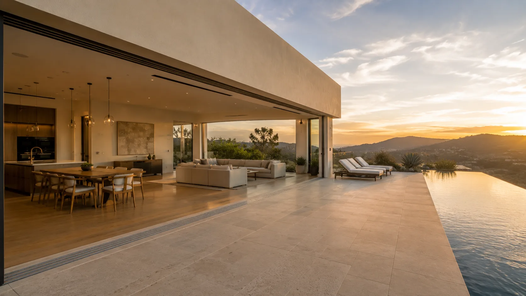 Multi-slide door system fully retracted creating open wall between modern living space and infinity pool deck overlooking hills