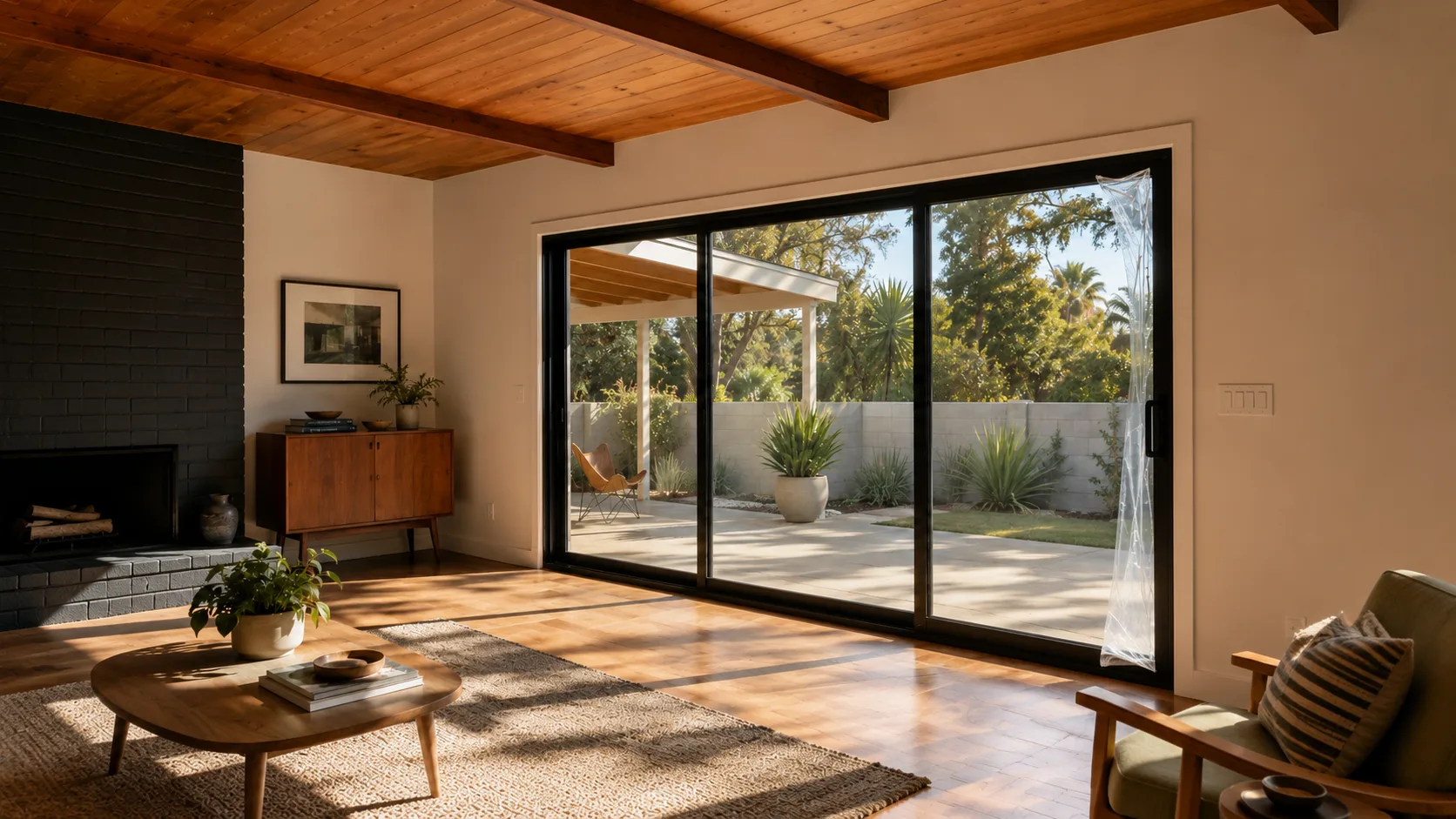Newly installed modern sliding patio door in Southern California ranch home with natural light on hardwood floors