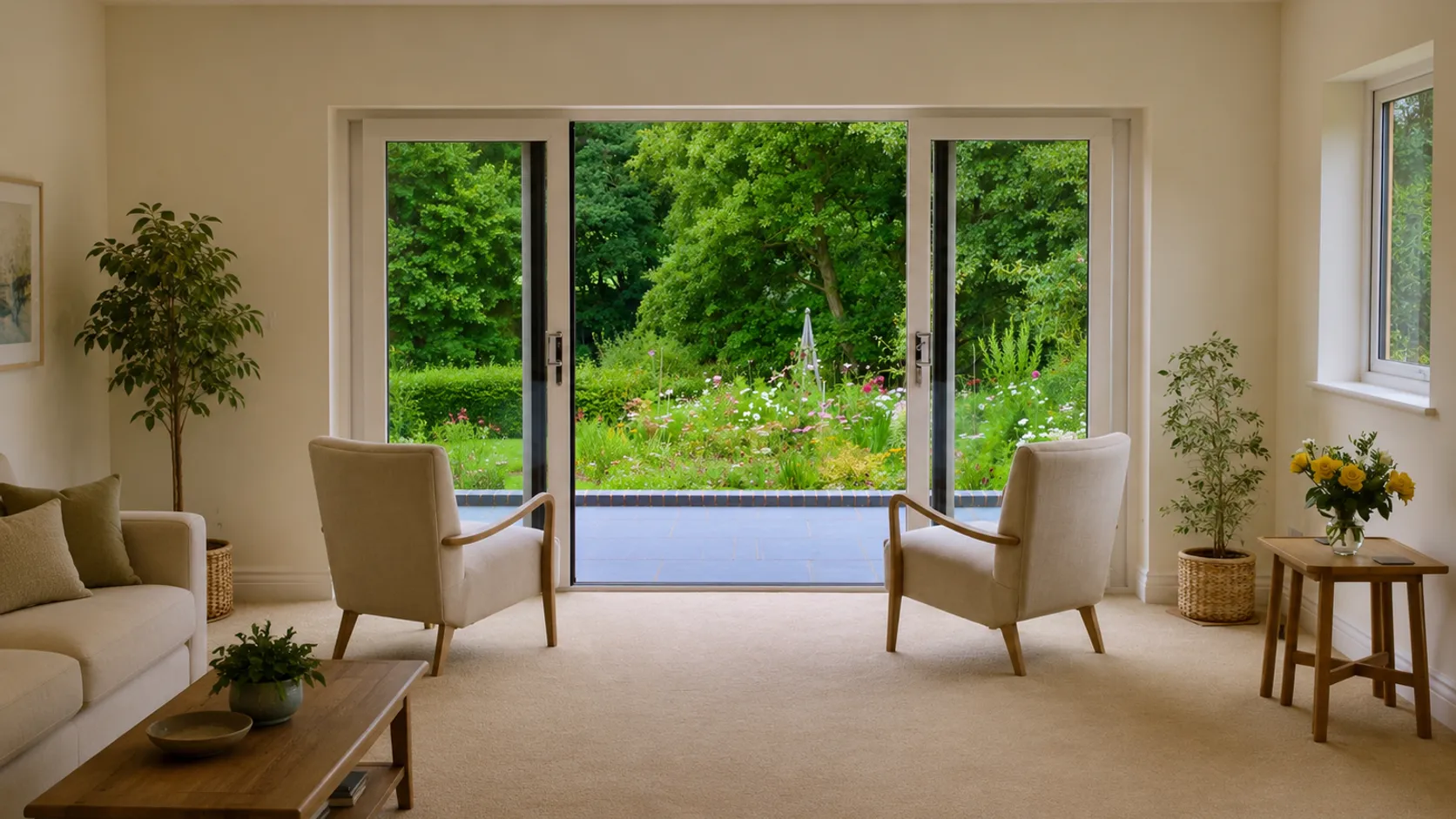 French doors opening to a garden in a bright and airy living room