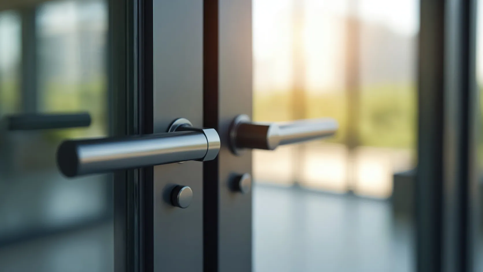 Modern dark-framed glass door with contemporary pull handles and warm golden backlight