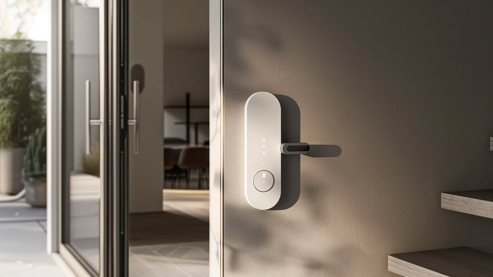 Modern smart lock on a glass door with an indoor-outdoor living space visible beyond