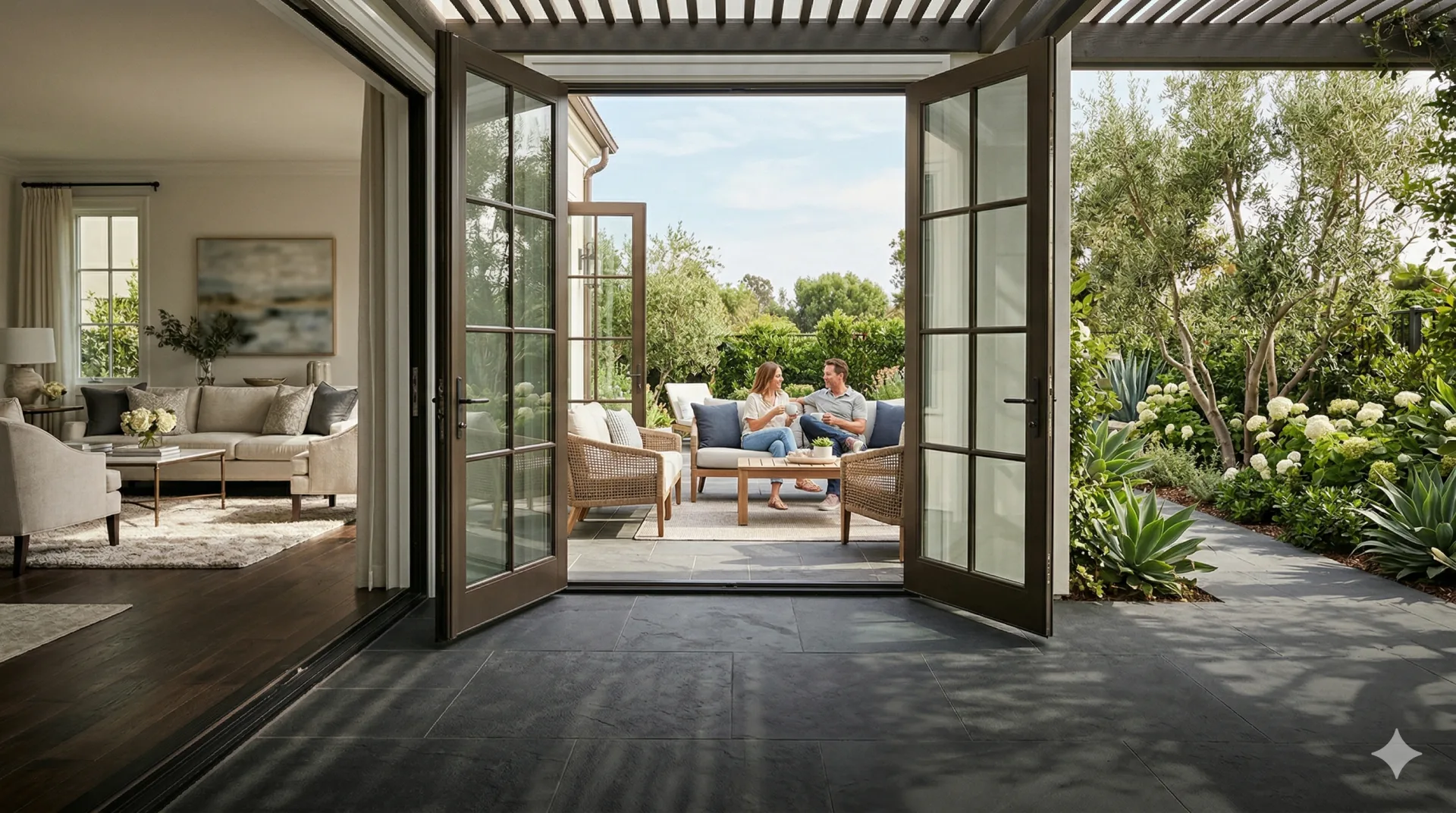 French doors opening to an Orange County outdoor living space