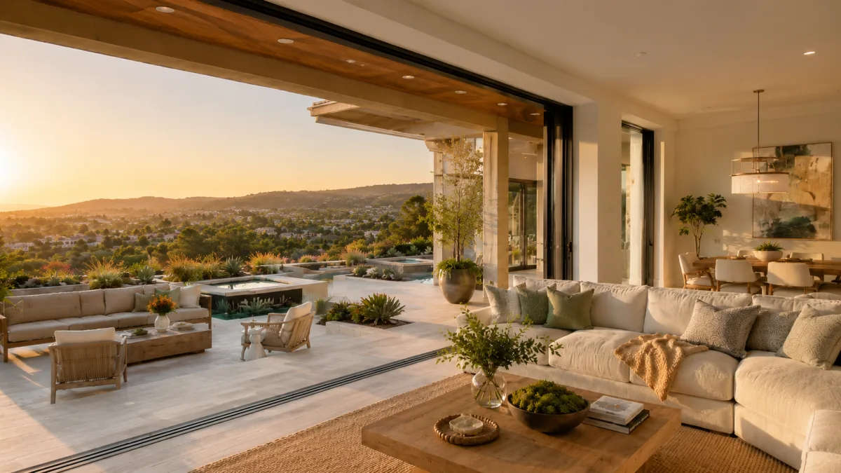 Open multi-slide doors connecting living room to pool and patio overlooking Orange County hills