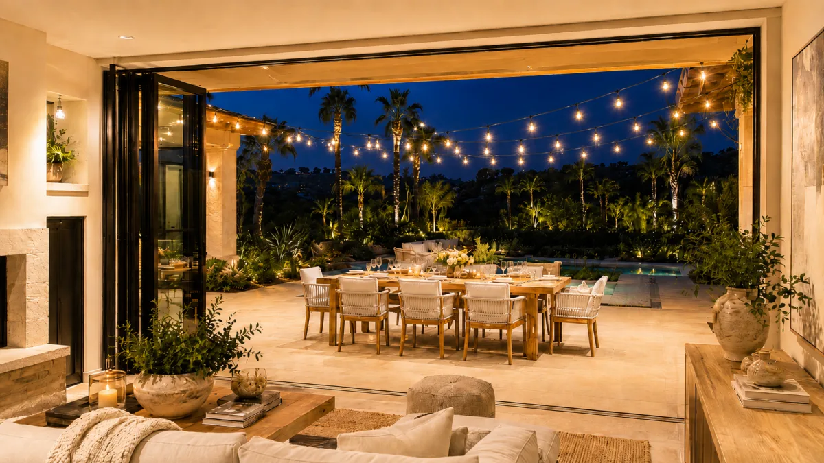 Outdoor dinner table with string lights viewed through open bi-fold doors in Southern California home